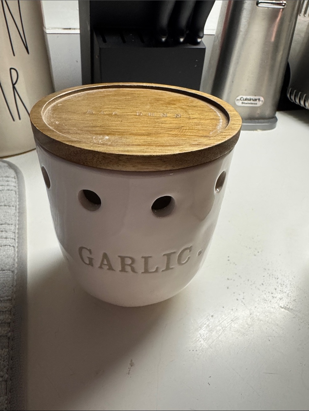 Rae Dunn White Garlic Keeper with Wood Lid